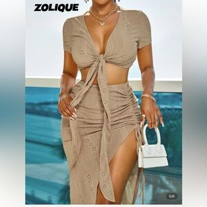 Zolique Eyelet Embroidery Knot Front Top & Drawstring Split Hem Skirt